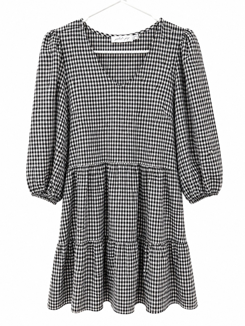 Petal & Pup Black & White Gingham V-Neck Tiered Dress w Puff Sleeves Size 6